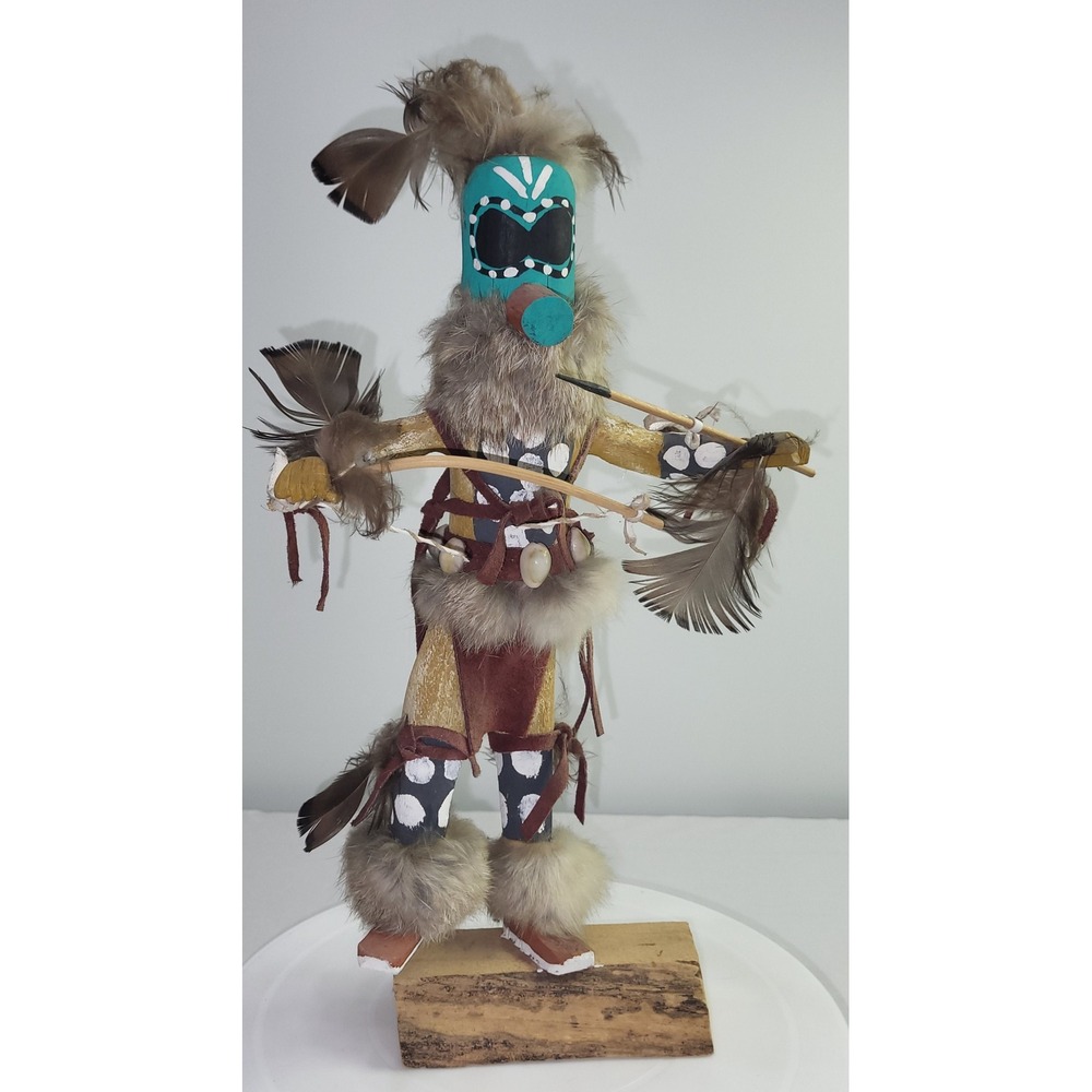 Nelson Warrior Kachina Doll Hand Painted Fur Feather Wood Folk Art 14.5" Signed